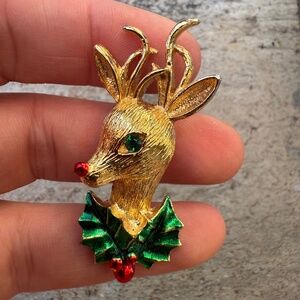 Gerry's Christmas Brooch Reindeer Rudolph with Holly Leaf Gold Tone Holiday Pin.